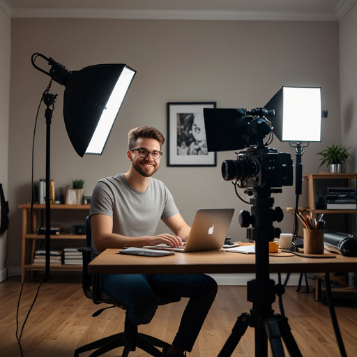 A content creator in front of a camera, with professional lighting and recording equipment, conveying the idea of ​​a creative and productive work environment.