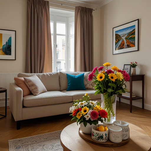 A well-decorated and bright living room, with a welcome table with flowers and tourist information, conveying comfort and hospitality.