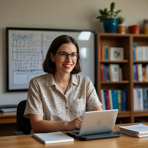 A teacher teaching online with a whiteboard in the background, surrounded by books and teaching materials, in an organized and welcoming environment.