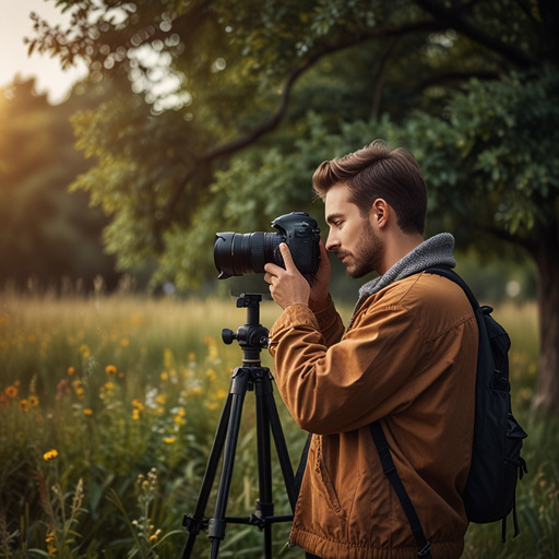 A photographer taking photos outdoors, with a professional camera, in a beautiful and inspiring environment, capturing the essence of creativity and professionalism.