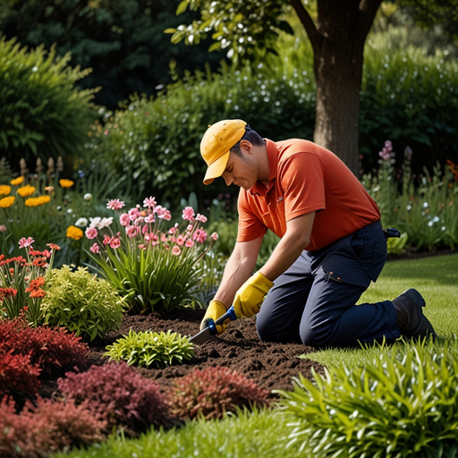 A worker performing gardening services, with tools around, in a well-kept and flowery garden, highlighting dedication and professionalism.