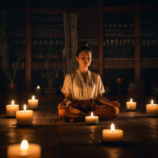  An image of a person sitting in a lotus position, with closed eyes and a faint smile, in a serene setting with lighted candles and incense, symbolizing mindfulness and meditation.