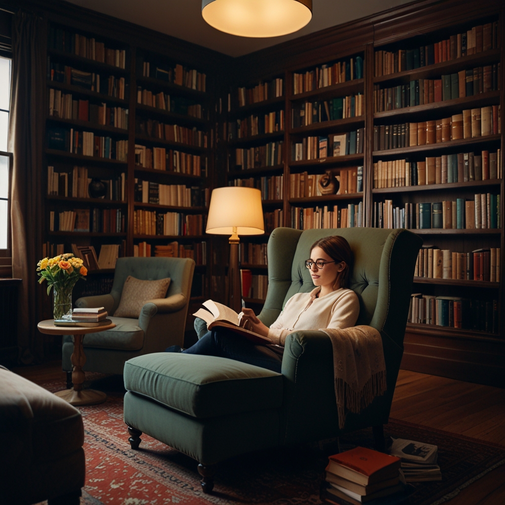  An image of a person reading a book in a cozy library, sitting in a comfortable armchair with a cup of tea next to it, surrounded by bookshelves full of books, symbolizing continuous learning.