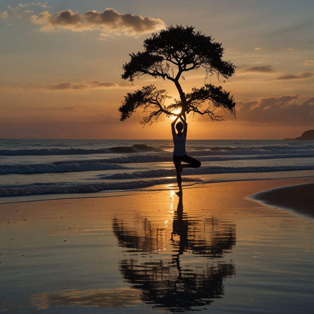 An image of a person practicing yoga on a beach at sunset, doing the tree pose (Vrksasana), with the calm sea in the background, representing flexibility and adaptability.