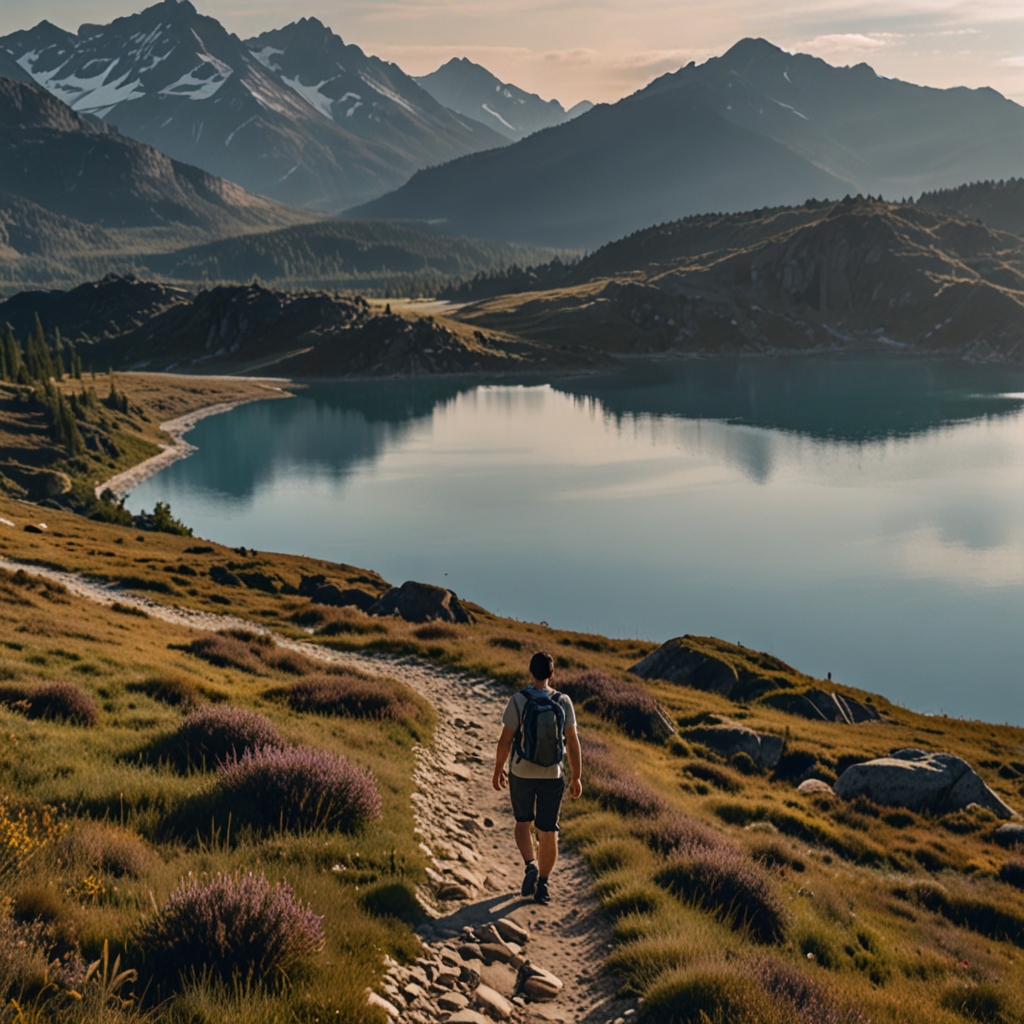 An image of a person walking on a mountain trail, with an awe-inspiring landscape in the background, including a lake and mountains in the distance, symbolizing the search for a purpose in life.