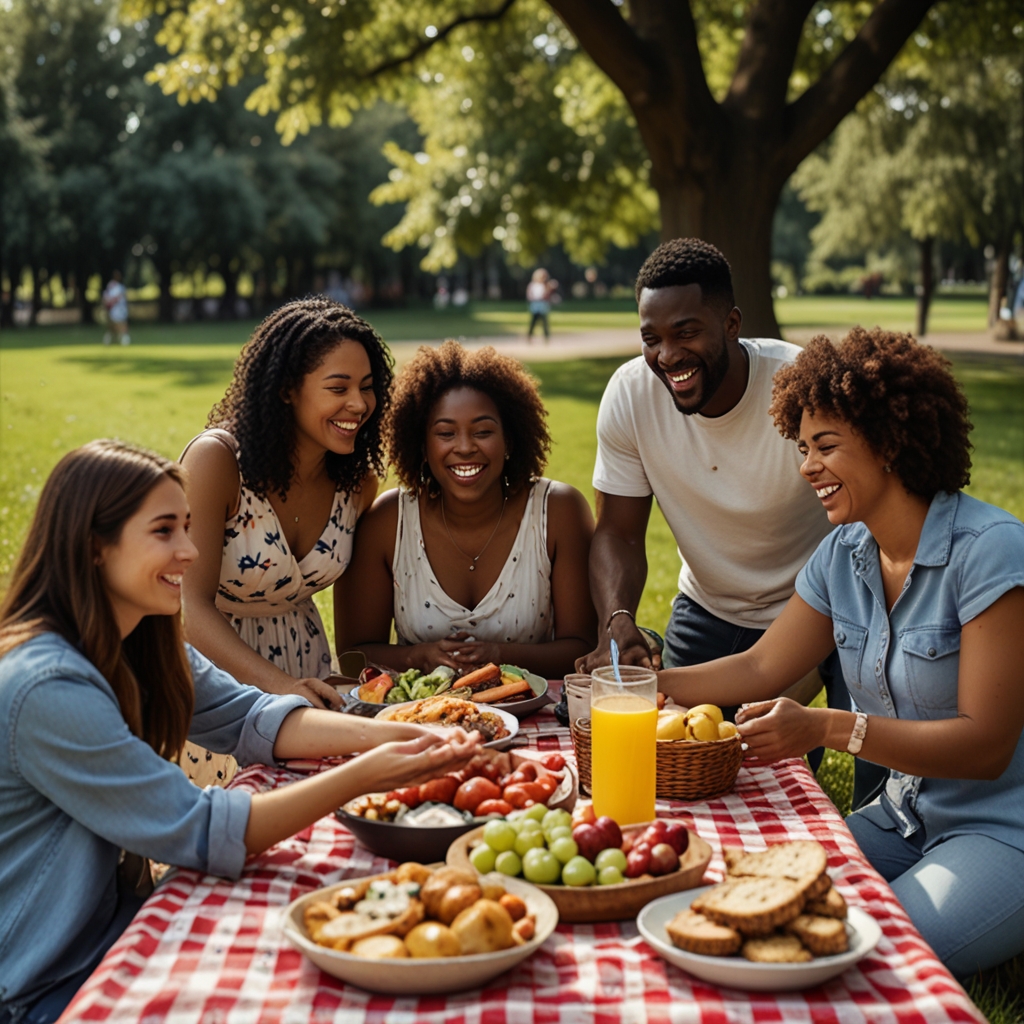 An image of a group of friends or family hugging and smiling, in a park during a picnic, with a table full of food and laughter, representing a strong support network.