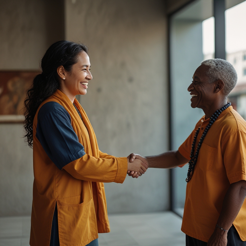 An image of two people from different cultures, shaking hands with a smile, in a welcoming environment, symbolizing mutual respect and acceptance.