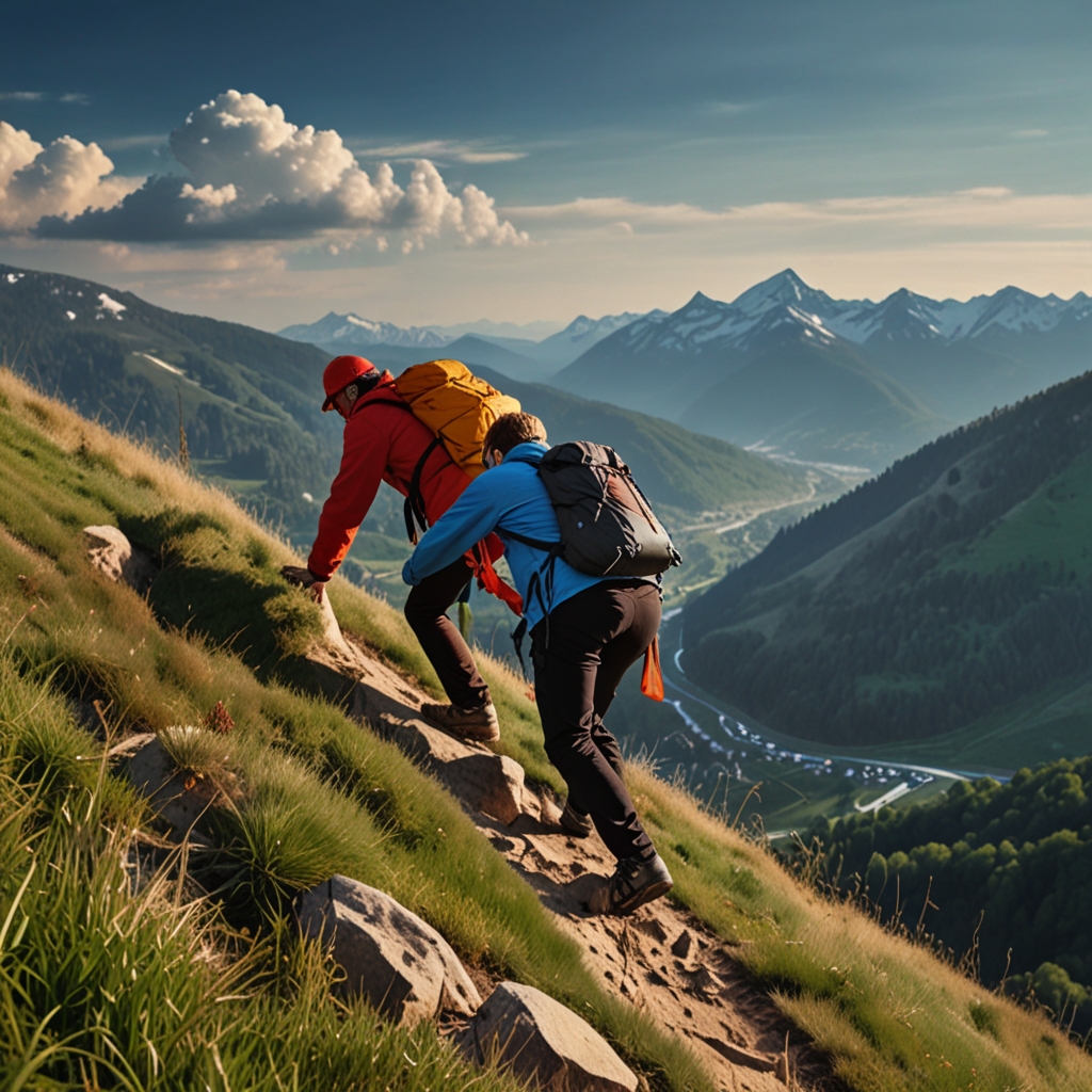 A person helping another climb a hill, with a mountain scenery in the background, symbolizing mutual support and cooperation.