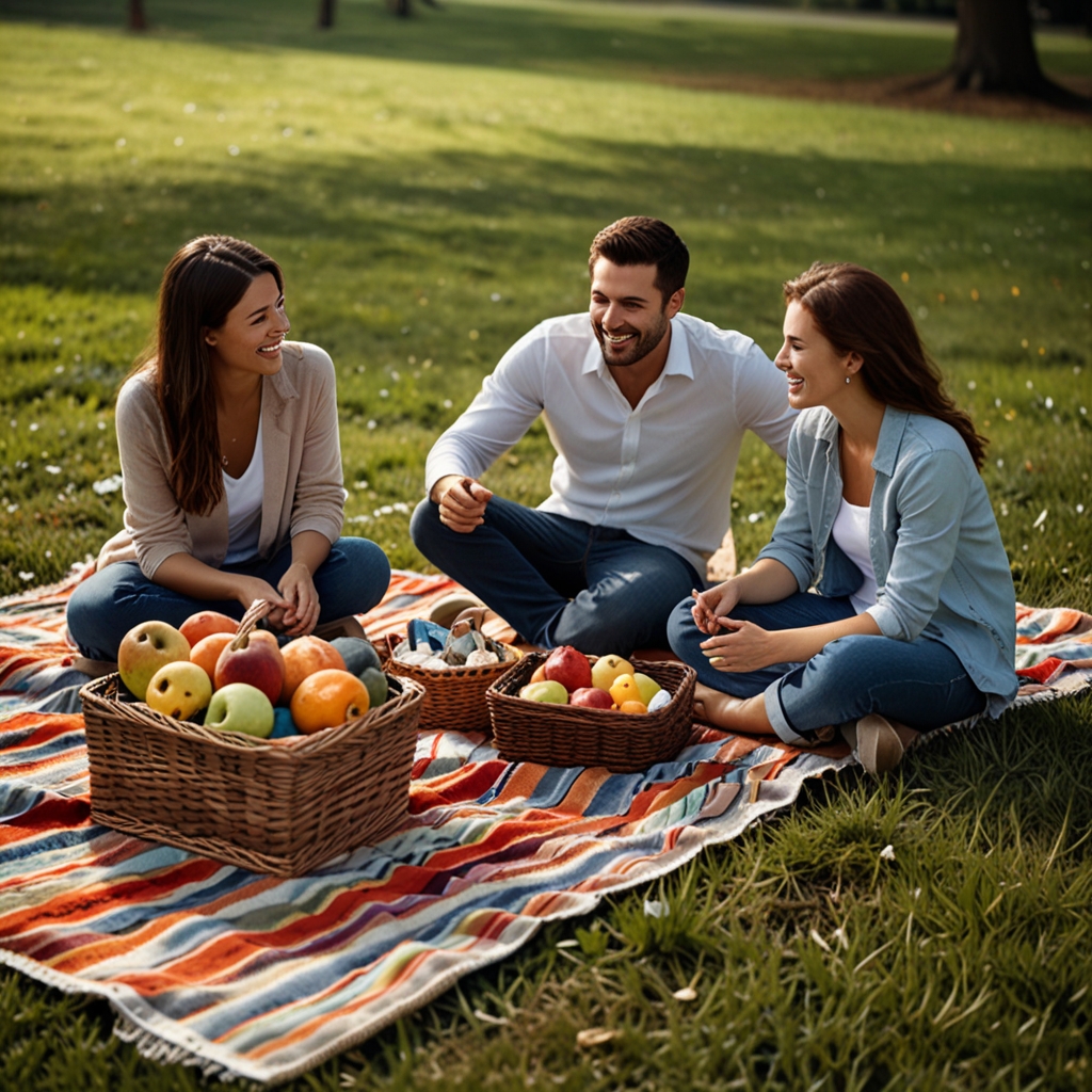 A family or group of friends having a picnic in a park, laughing and having fun, with a picnic basket and a colorful blanket on the ground, symbolizing quality time together.