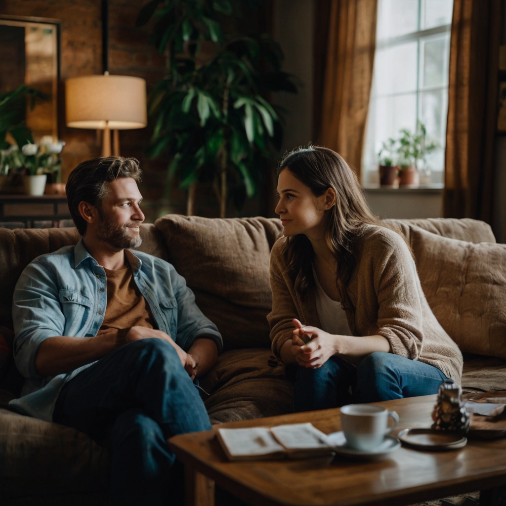 Two people sitting on a couch, calmly discussing with expressions of understanding, in a cozy home environment, symbolizing peaceful conflict resolution.