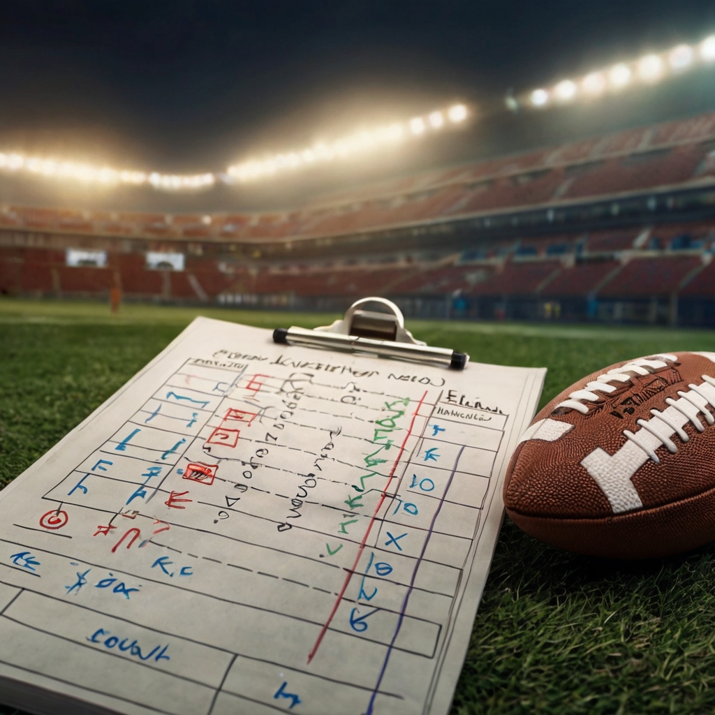 An image of a checklist with goals, limits, rest, and education icons, next to a confident and organized bettor, with a football field in the background.