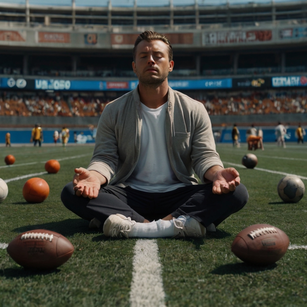 An image of a bettor meditating on a football field, with icons of self-control techniques (breathing, meditation) and betting graphics all around.