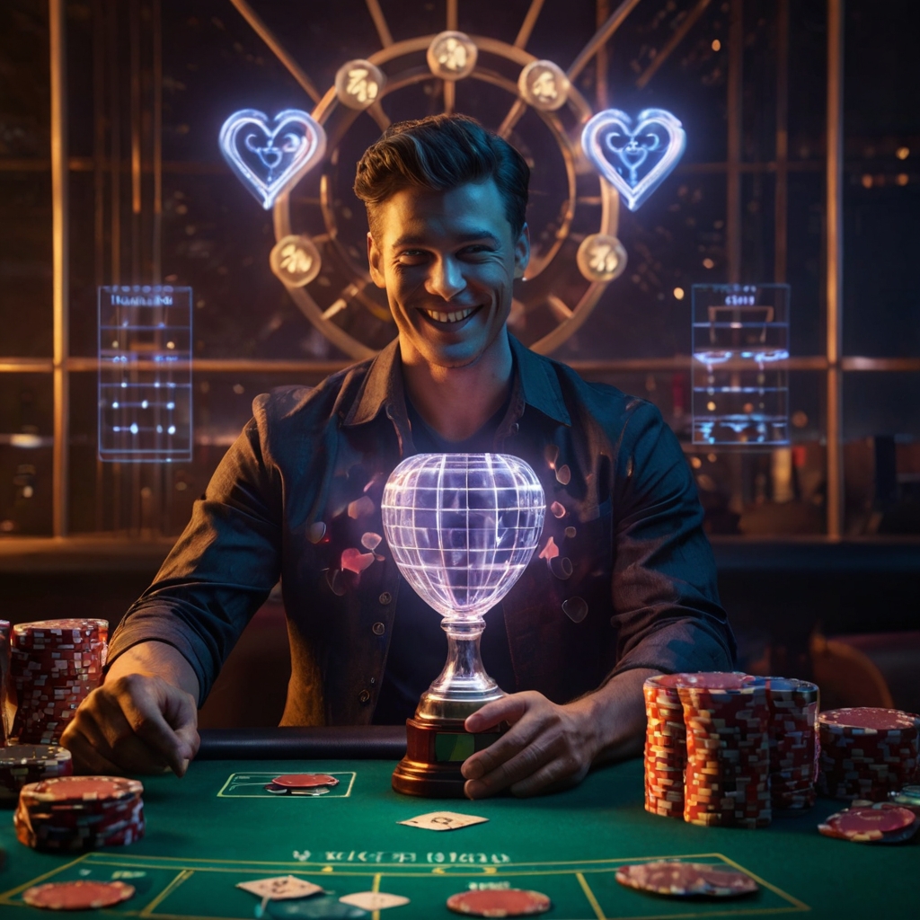 An image of a smiling gambler with a glowing aura around him, holding a trophy, with consistent winning charts and mental health icons (heart, brain) in the background.